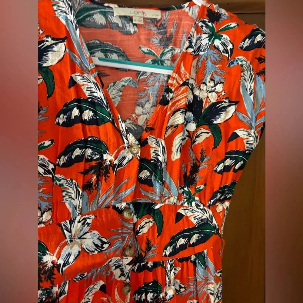LOFT Midi Dress Red Floral Tropical Fit Flare 2p missing belt but still cute - Picture 4 of 9
